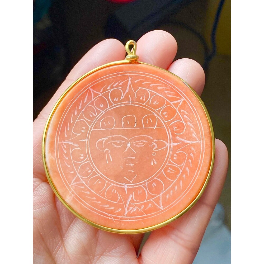 Vintage carved stone Aztec sun god Pendant